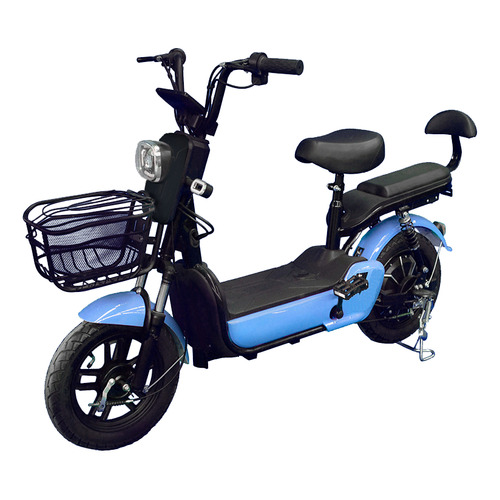 Bicimoto Electrica Con Alarma Antirrobo Motor Pedales, Bateria Recargable De Plomo Con Canasta Para 2 Pasajeros Velocidad Hasta 40 Km/h Llanta De 14 Pulgadas 500w De Potencia E Bike Color Azul Acero