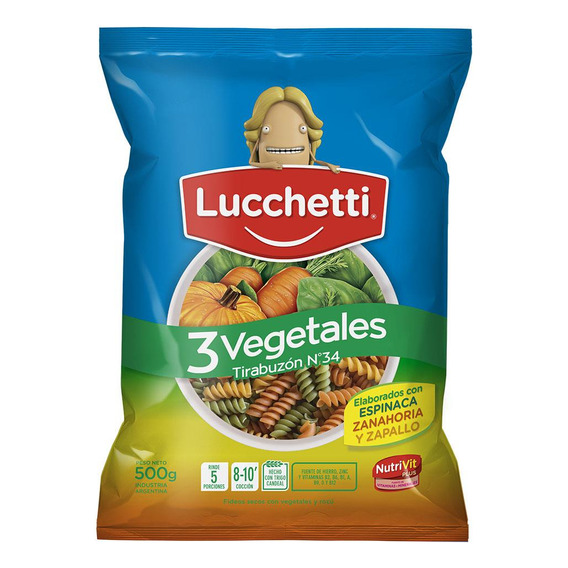 Fideos Lucchetti 3 Vegetales Tirabuzón N°34 500g