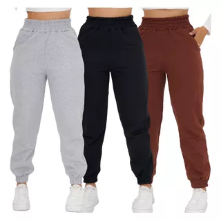 Kit 3 Calça Moletom Feminina Grossa Flanelada Soltinha Joger