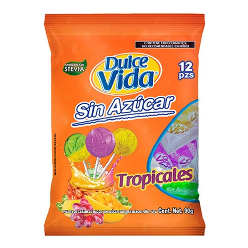 Paletas Dulce Vida Sin Azúcar Stevia Tropicales 90g 12pzs 
