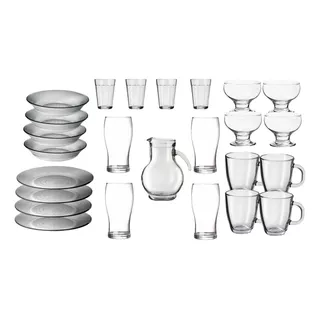 Combo Vajilla Completa Vidrio 25 Pzas Plato Vaso Taza 4 Pers