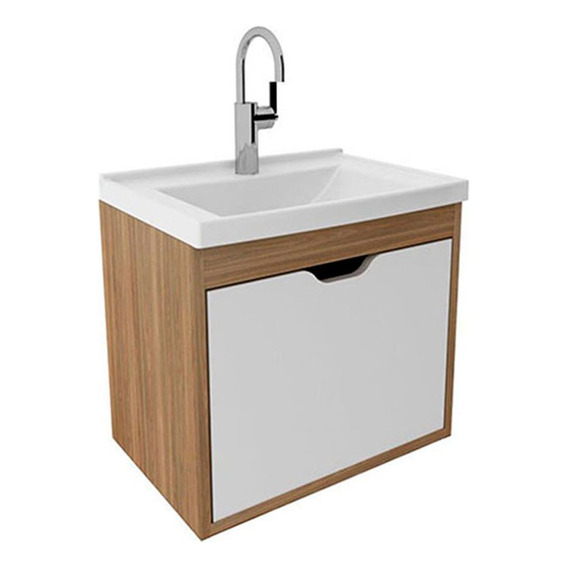 Mueble De Baño Con Lavamanos Graz Teca/blanco Cantidad De Agujeros Para Grifería Un Agujero Bacha Blanco Mueble Naranja Claro