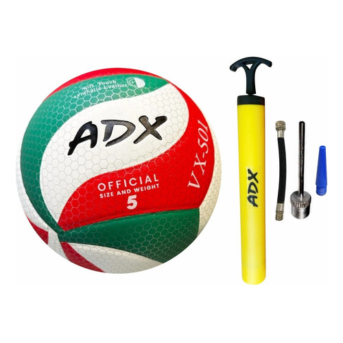 Balón Voleibol Vx501 + Bomba Adx Peso Y Medida Reglamentaria Color Verde con rojo