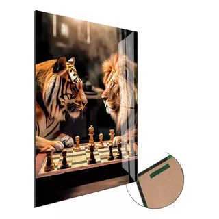 Quadro Decorativo Leão E Tigre Jogando Xadrez Luxo 110x80cm