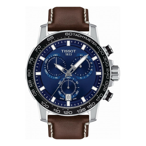 Reloj pulsera Tissot Supersport Chrono con correa de cuero color marrón - fondo azul - bisel negro