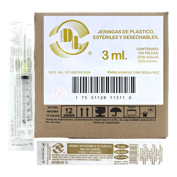 Jeringa De Plástico 3 Ml Con Aguja 20x32 Caja Con 100 Dl
