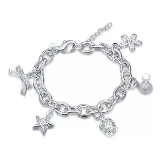 Pulsera  Plata 925 Con Dijes Estrella, Perfume, Corona