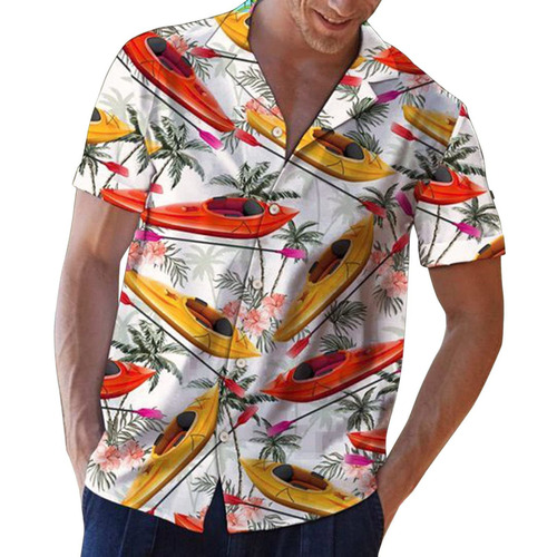 Camisa De Manga Corta Con Solapa Y Estampado Hawaiano Para H 