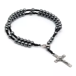 Pulseira Masculina Em Hematita E Cruz De São Bento Comprimento 21   Diâmetro 20