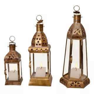Kit 3 Lanternas Decorativa Marroquina Envelhecida Dourada