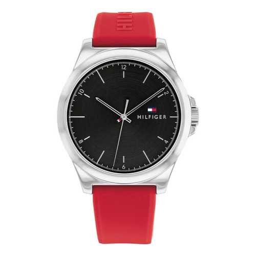 Reloj Tommy Hilfiger Hombre Modern Classic 1710615 Malla Rojo Bisel Plateado Fondo Negro