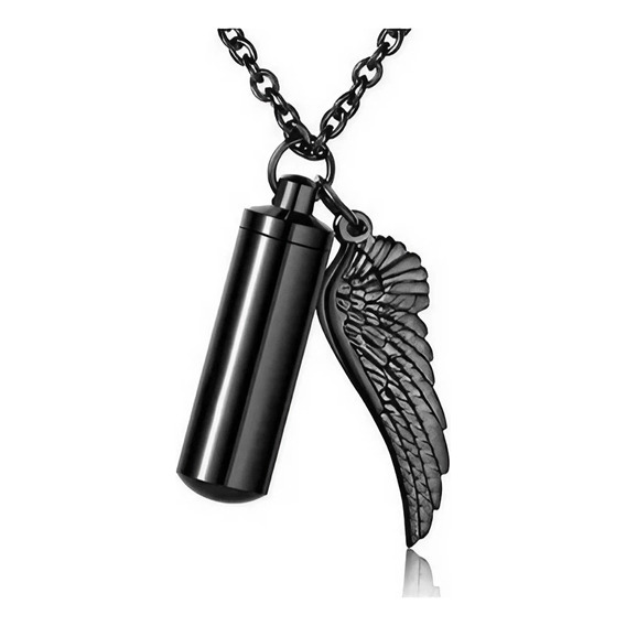 Dije Relicario Collar Diseño Capsula Negro Con Ala De Angel De Acero Inoxidable Urna Cenizas Marca Julga