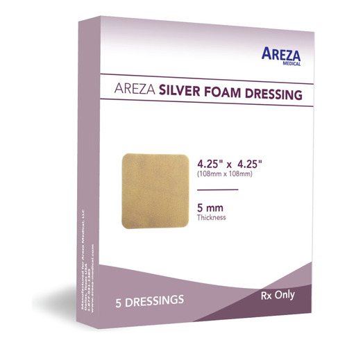 Gasa hidrófila, antibacteriano autoadhesiva Areza Medical Foam con Plata (sin borde) de 10.8cm x 10.8cm en pack de 5 x 1u