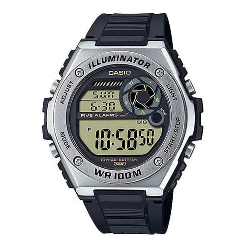 Reloj digital negro Casio MWD-100H-9avdf para hombre, bisel, color plateado, color de fondo positivo, LCD