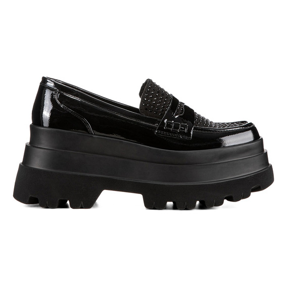 Mocasin Plataforma Grueso Negro Con Diamante Mujer Weide