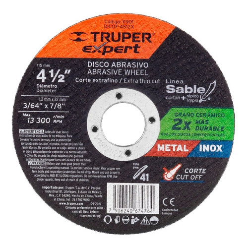 Disco Corte Metal 4 1/2'' Maxima Durabilidad 1. Truper 11901