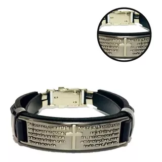 Pulseira Masculina Couro Crucifixo Pai Nosso Verniz Gospel