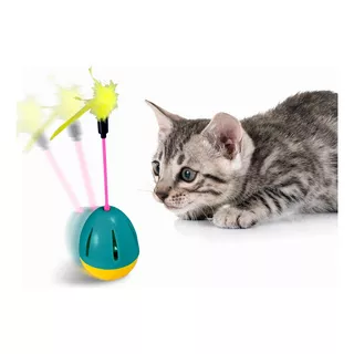 Juguete Para Gato Vaso Con Plumas Y Cascabel Gatito Gatos Color Aqua Con Amarillo