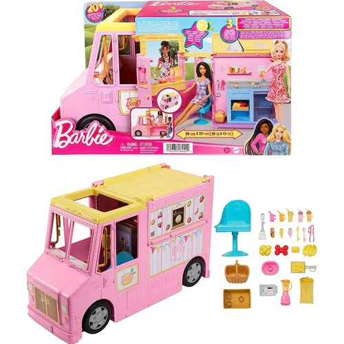 Camión de limonada Barbie Beach, más de 20 piezas, Mattel HPL71, color rosa y amarillo