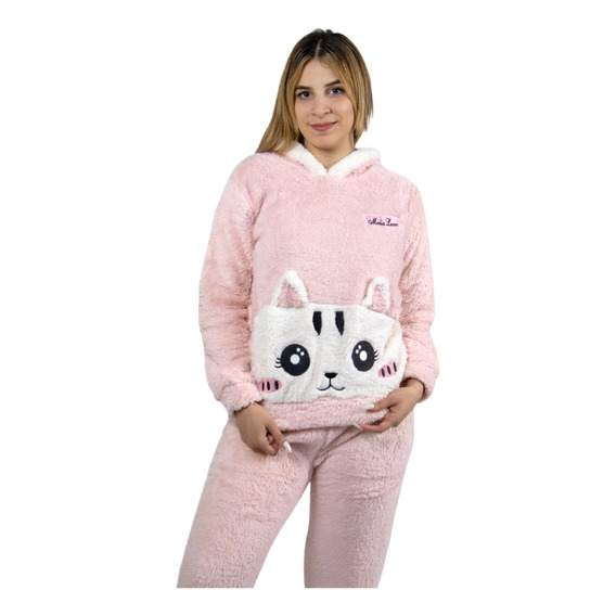 Pijama Mujer Polar Súper Abrigador Con Capucha Diseño Gata