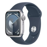 Apple Watch Series 9 GPS • Caixa prateada de alumínio – 41 mm • Pulseira esportiva azul-tempestade – P/M