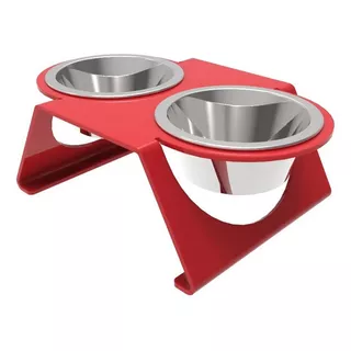 Comedouro Encanto Duplo Elevado P + Tigelas Inox Cão E Gato Cor Vermelho