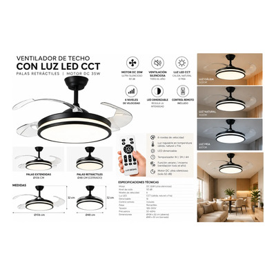 Ventilador De Techo Zenith Negro Retractil Luz Control  1.06 M Negro Transparente 4