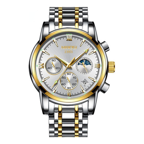 Reloj Nibosi Chronograph Moon Phase Impermeable Para Hombre Fondo Silver Gold White