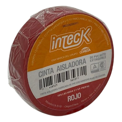 Cinta Aisladora Inteck Pvc Autoextinguible 10 Metros X 19mm Color Rojo Liso