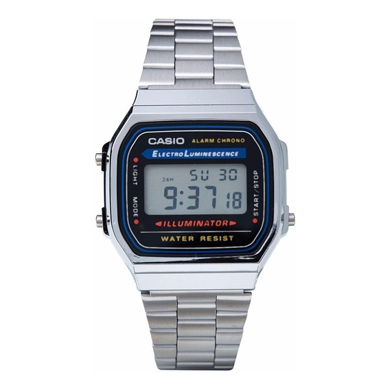 Reloj pulsera Casio Youth Vintage A-168 de cuerpo color plateado, digital, fondo gris, negro y azul, con correa de acero inoxidable color plateado, dial negro, minutero/segundero negro, bisel color pl