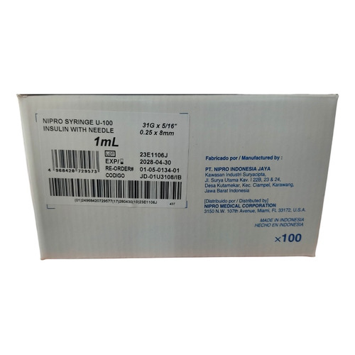 Jeringa Insulina 1 Ml 31g X 5/16 - 100 Unidades Nipro V/a