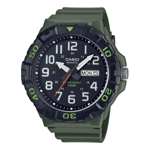 Reloj pulsera Casio MRW-210H de cuerpo color verde, para hombre, fondo negro, con correa de resina color verde, agujas color gris y negro, blanco y rojo, dial blanco y gris, minutero/segundero gris, bisel color negro