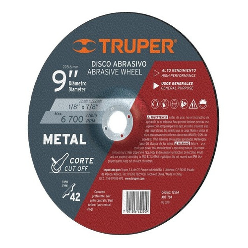 Disco T.27 Corte Metal 9' Uso Gral. Truper 12564