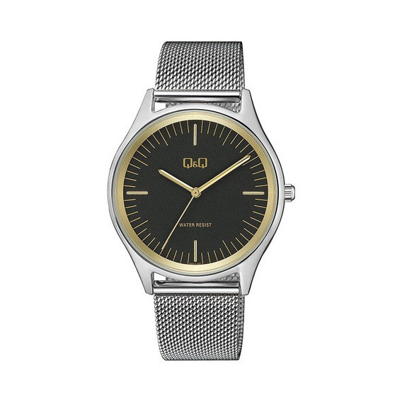 Reloj Análogo Q&q Q00a-001py Resistente Al Agua  Color de la correa Plateado 3 Color del bisel Plateado Color del fondo Negro y dorado