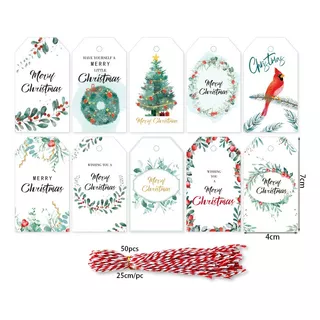 Set Con 50 Tarjetas Con Cordon Diseños Impresos De Navidad