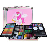 Set Arte Dibujo 145 Piezas Unicornio Rosa Maletín Metálico 