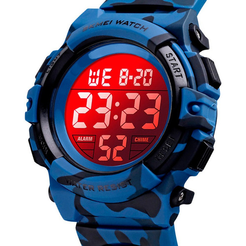 Reloj Niño Skmei 1548 Sumergible Digital Alarma Cronometro Color de la malla Azul Camuflaje Color del fondo Blanco