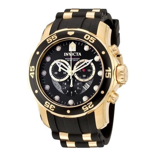 Reloj pulsera Invicta Pro Diver 6981 de cuerpo color negro y oro, analógico, para hombre, fondo negro, con correa de acero inoxidable/silicona color oro y negro, agujas color oro y blanco y rojo, dial blanco, subesferas color negro y oro, minutero/segundero blanco, bisel color negro y oro y hebilla simple