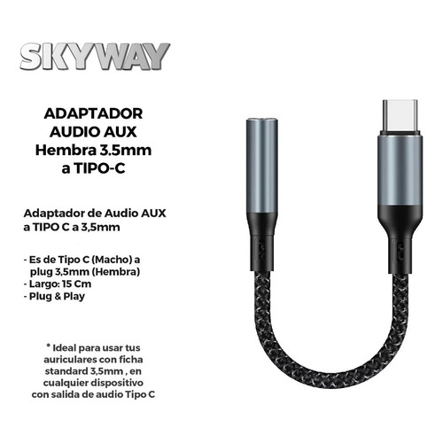 Adaptador Tipo C Para Conectar Auriculares Comun Jack 3.5mm Color Negro