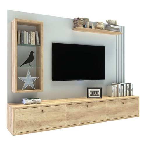 Panel Tv Rack Flotante Delos Dro04 Varillado Hasta 65´´ Color Roble Nebraska Natural/blanco Laca