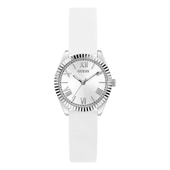 Reloj Guess Mini Imprint Dama W1227l4 Rosa Correa Blanco Bisel Plateado Fondo Blanco