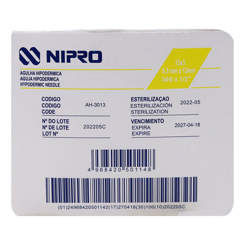 Aguja Hipodermica 30g X 1/2 (13mm) Caja Con 100 Pz Nipro Capacidad en volumen 13 mL