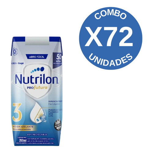 Leche de fórmula líquida sin TACC Nutricia Bagó Nutrilon Profutura 3 sabor neutro en caja - Pack de 72 x 24 unidades de 200mL - 12 meses a 2 años