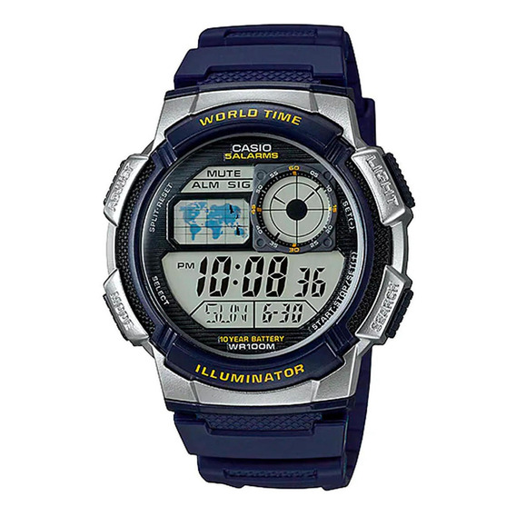 Reloj de pulsera Casio Youth Series AE-1000 de cuerpo color plateado, digital, para hombre, fondo negro, con correa de resina color azul, dial negro, subesferas color gris, minutero/segundero negro, b