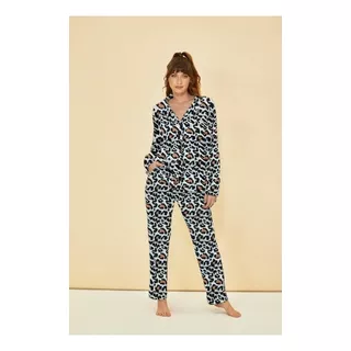 Pijama De Invierno Mujer Abotonado Camisa Animal Print 18031