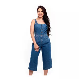 Macacão Pantacourt Jeans Feminino Tecido Leve Sem Lycra Moda