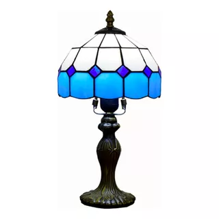 Lámpara Portatil Mesa Tiffany Con Vitral Blanco Y Azul