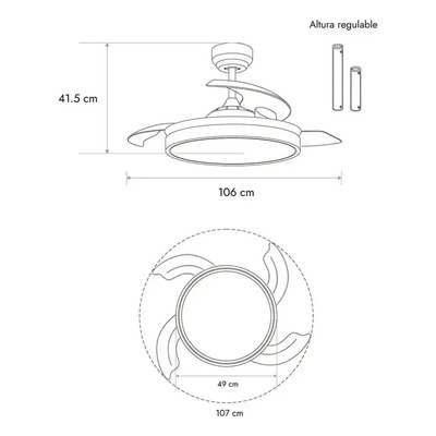 Ventilador De Techo Blanco Retractil Luz Control Luz Desing 1.06 M 50hz/ 60hz Blanco Transparente Acrílico 4