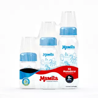 Kit Mamadeira Decorada Fantasia Mamita Bebê C/ 03 Unids Cor Azul Liso