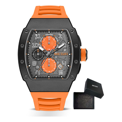 Reloj de pulsera Megir 8411G, analógico, para hombre, con correa de silicona color naranja y negro y hebilla simple